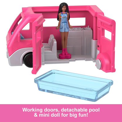Mini BarbieLand doll and toy vehicle set with 1.5-inch Barbie doll, dream camper, working doors, and color-change pool.