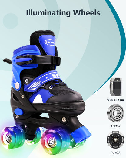 Ceestyle adjustable kids quad roller skates with light-up wheels and blue boots, featuring built-in size adjusters for boys and girls.