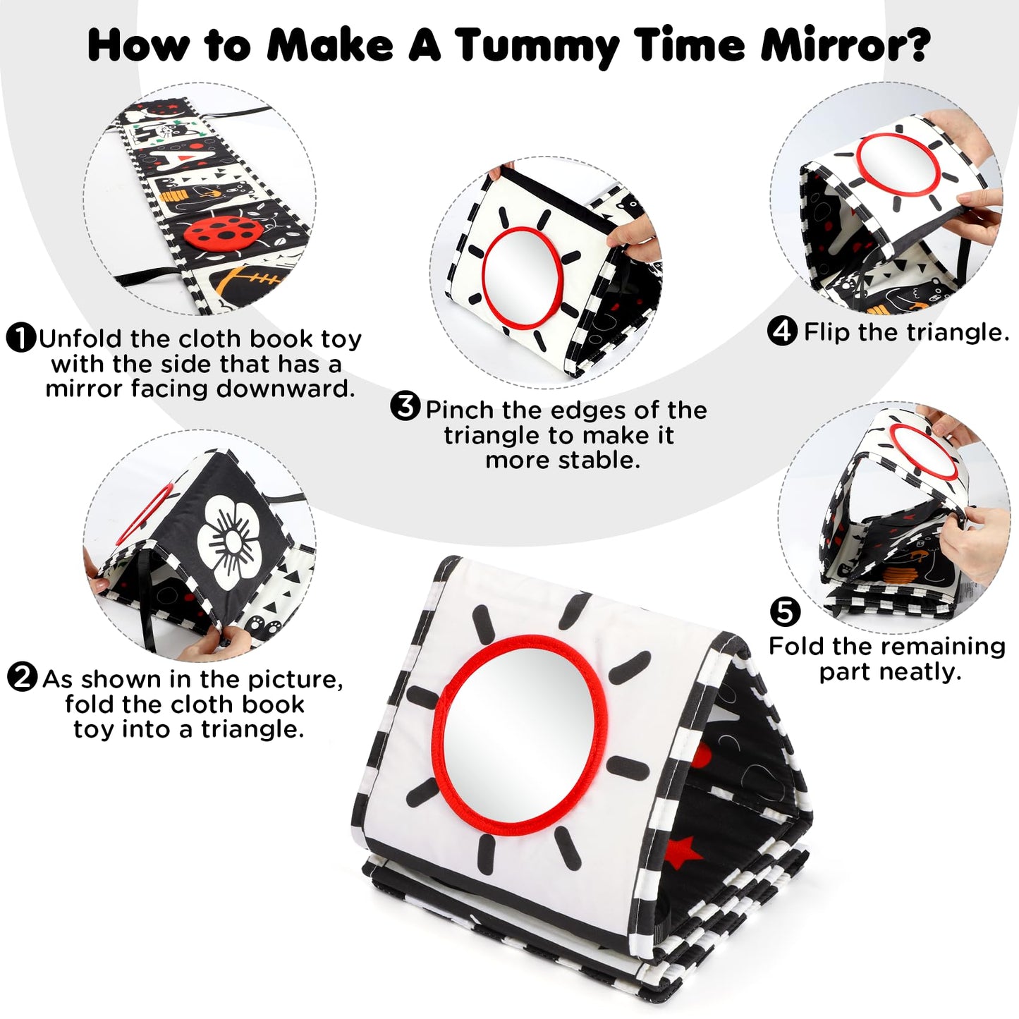 Black and white soft baby book from URMYWO, designed for sensory play and tummy time for infants 0-6 months.