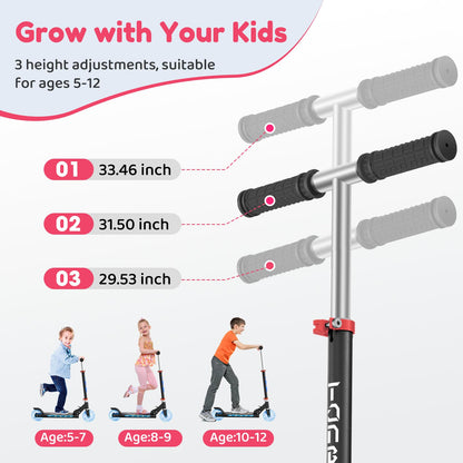 Scooter for Kids Ages 5-12 TONBUX Folding 2 Wheel Kids Scooter with Light Up Wheels & Stem & Deck, 3 Adjustable Height Handle, Lightweight Portable Kick Scooters for Girls Boys Toddler, up to 50kg