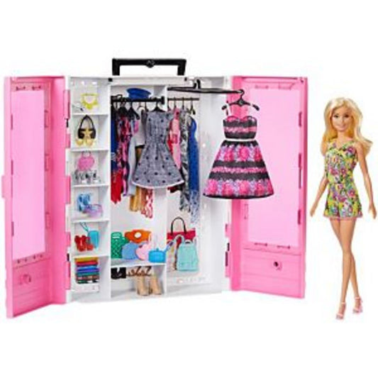 Barbie Fashionistas Ultimate Closet toy with doll, clothing, accessories, and hangers in a colorful, portable design.