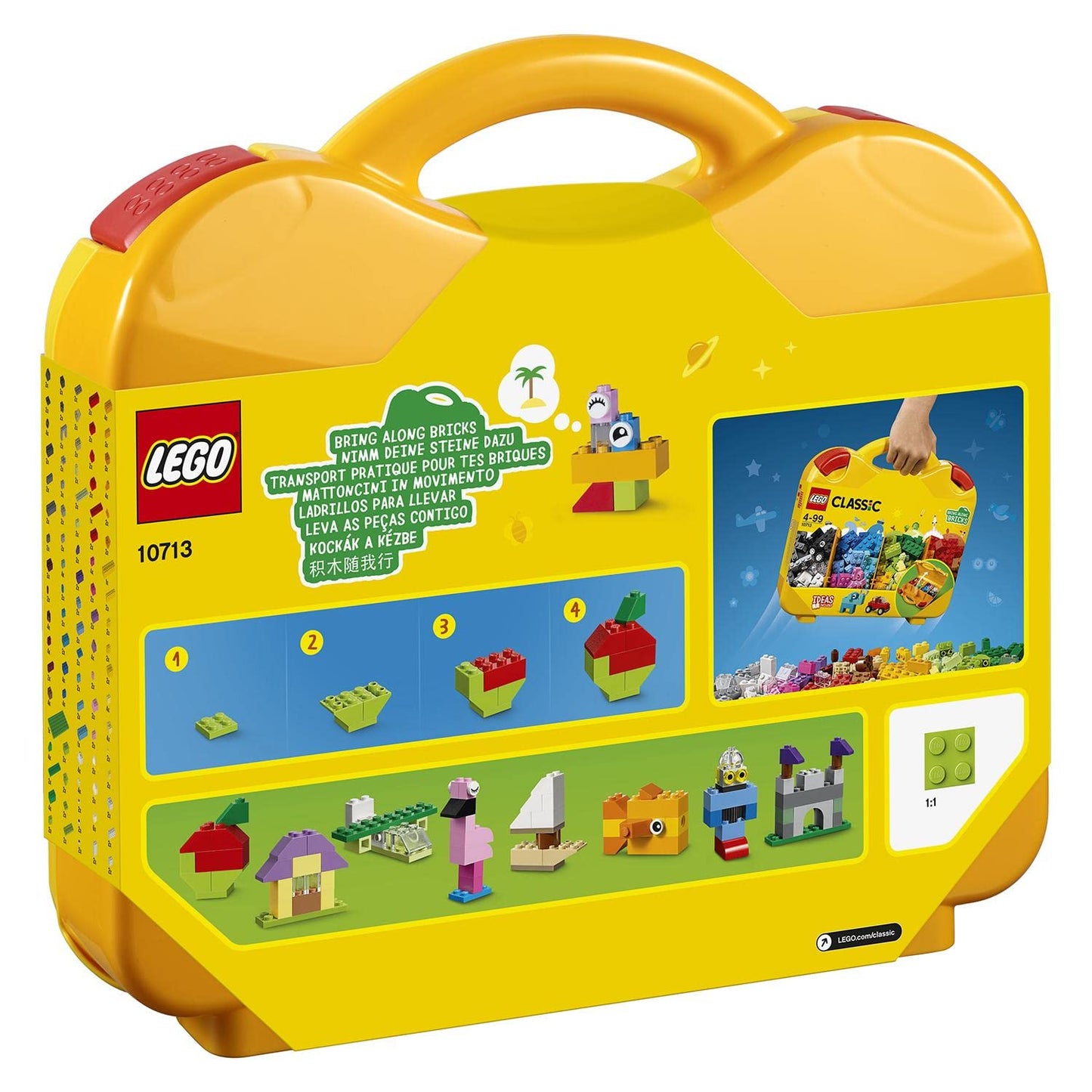 LEGO 10713 Classic Creative Suitcase with colorful building bricks for kids aged 4 and up, open with bricks visible.