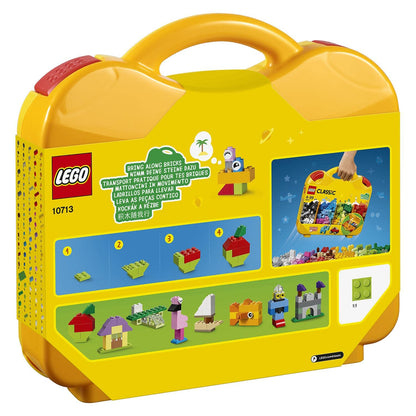 LEGO 10713 Classic Creative Suitcase with colorful building bricks for kids aged 4 and up, open with bricks visible.