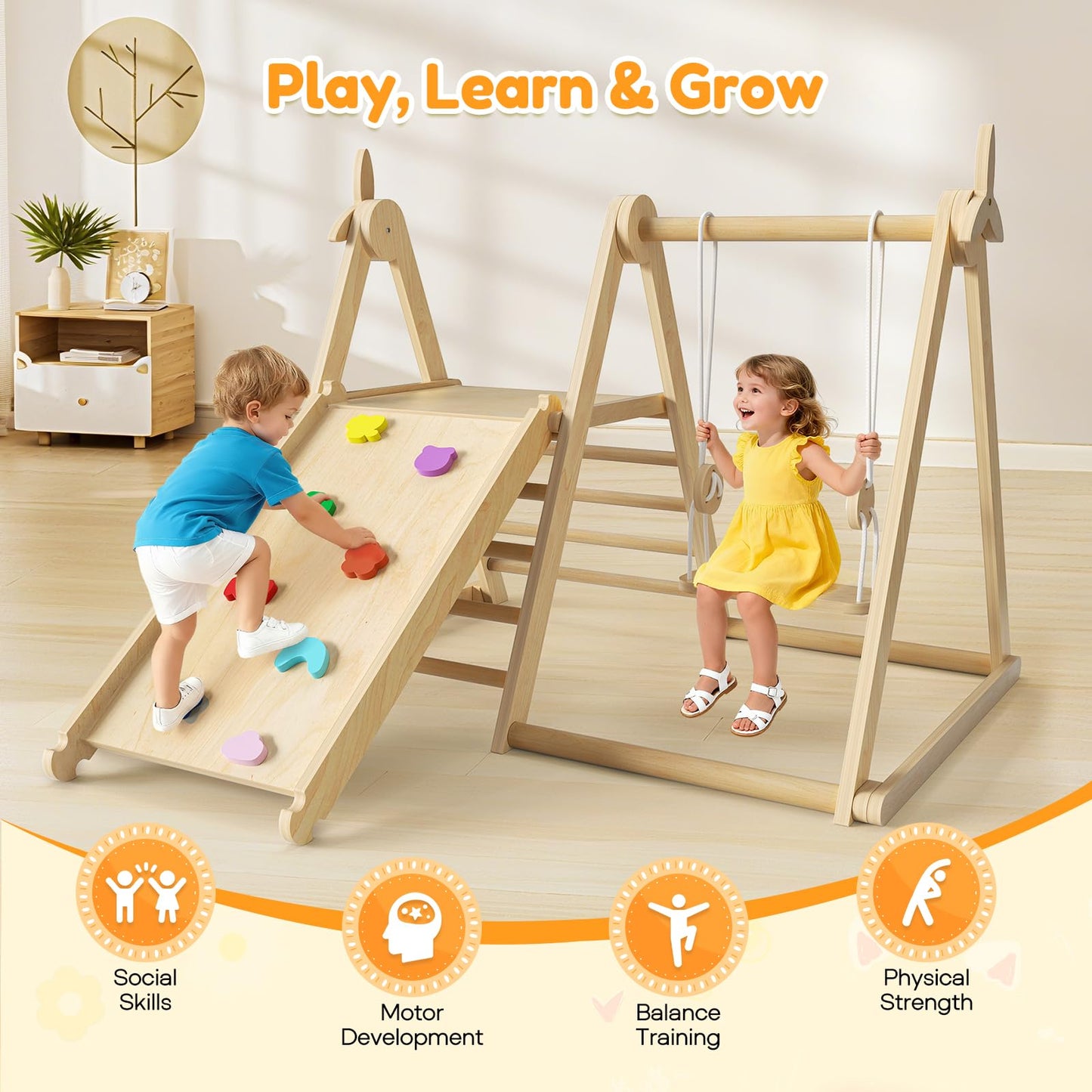 5 in 1 Indoor Jungle Gym,Foldable Wooden Climbing Set with Swing, Slide, Ladder and Climbing Wall,Montessori Philosophy Climber Playset for Kids