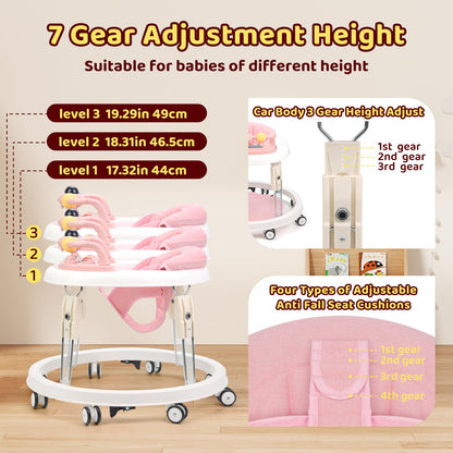 Pink Pioncrey baby walker with foldable design, music tray, light, 7 adjustable height levels, suitable for all terrains for 1-year-olds.