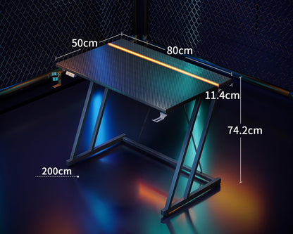 ODK Gaming Desk with LED Lights, Gaming Table with Cup Holder and Headphone Hook, Double Z Frame Design Computer Desk Carbon Fiber Black 80 cm