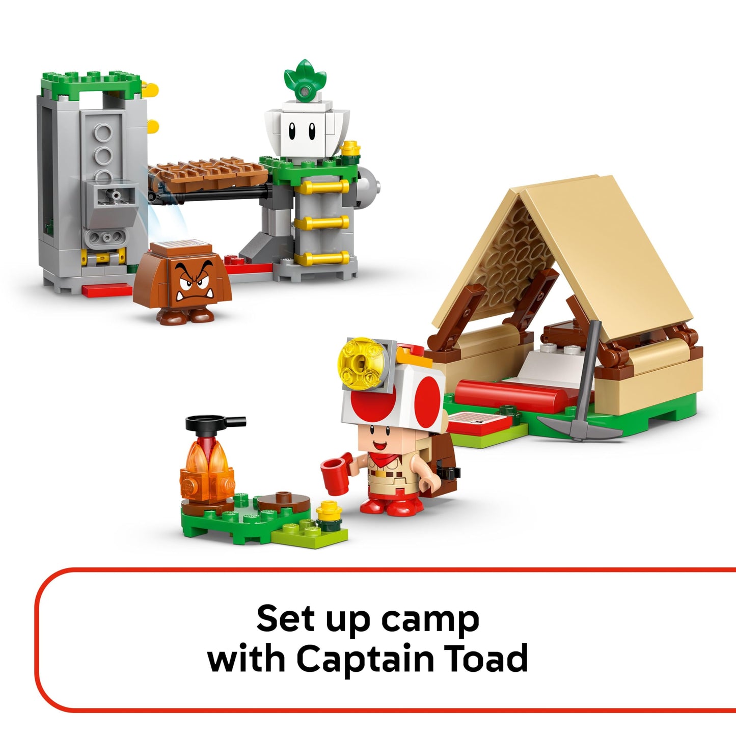 LEGO Super Mario Captain Toad's Camp set featuring Captain Toad, Goomba, tent, and collapsing bridge for kids aged 6 and up.