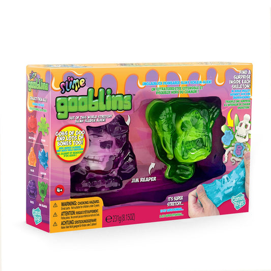 So Slime Gooblins Slime Gift Set with two colorful slime containers, figurines, hidden skeletons, and manual assembly for kids 4+.