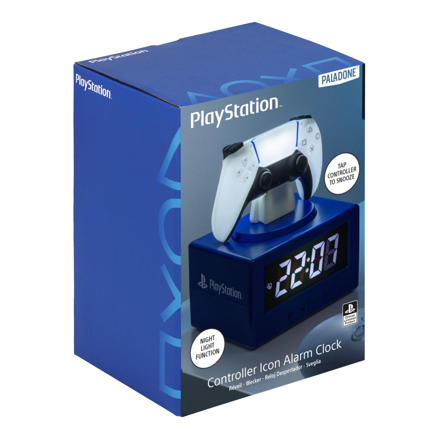 Paladone PlayStation DualSense controller digital alarm clock with night light, designed for kids and teens' gaming-themed bedroom decor.