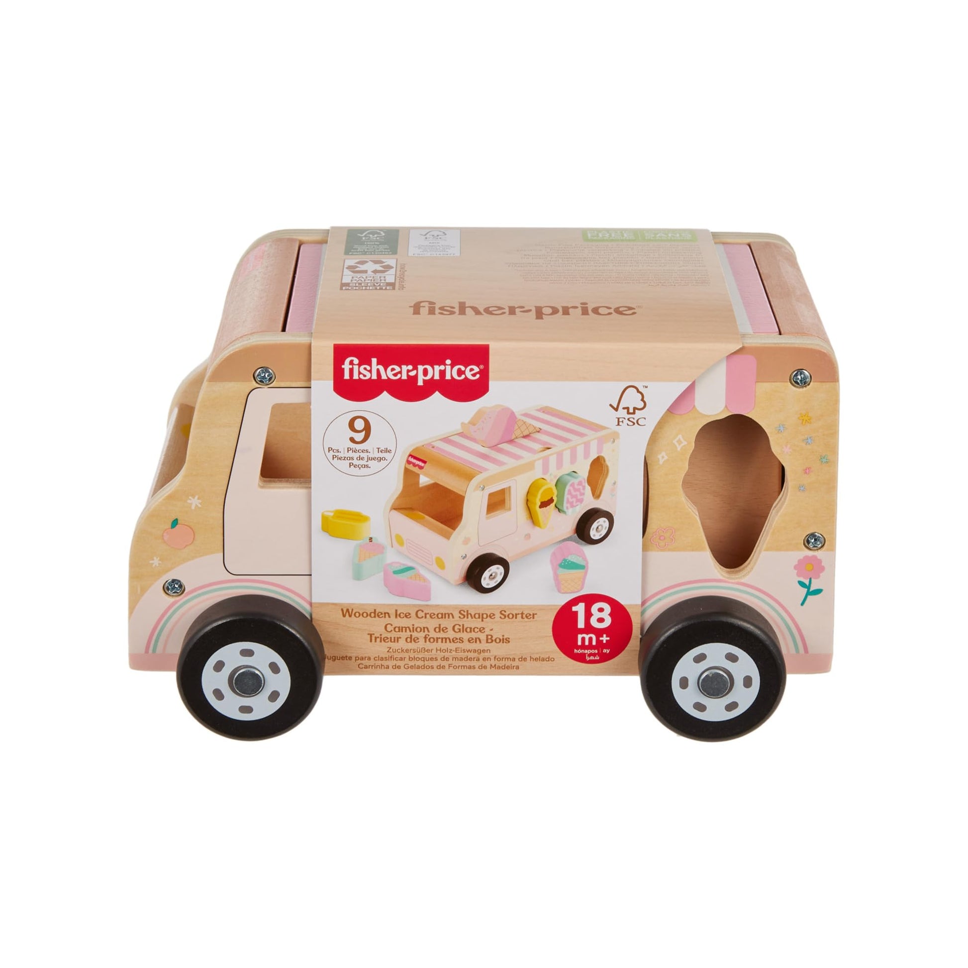 Fisher-Price Wood Toddler Toy Ice Cream Truck Shape Sorter Set with 9 wooden pieces for developmental play, suitable for kids 18+ months