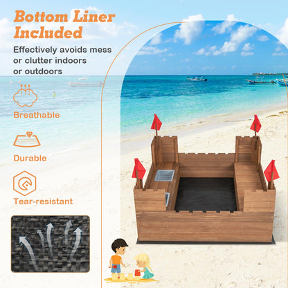 COSTWAY Kids Wooden Sandpit, 116x113cm Sand Play Station with Built-in Bench Seats, Storage Boxes, Flags and Protective Bottom Liner, Children Sandbox for Garden Bench