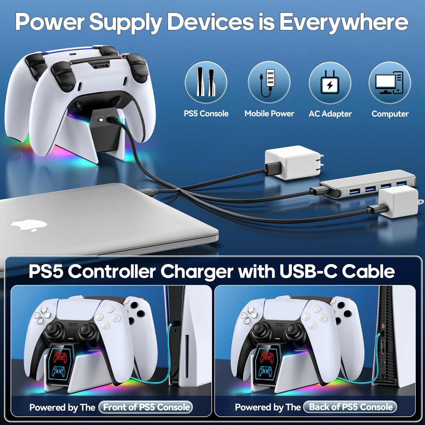 Tokluck PS5 controller charger station with LED indicators, white dock for PlayStation 5 Edge and DualSense controllers.