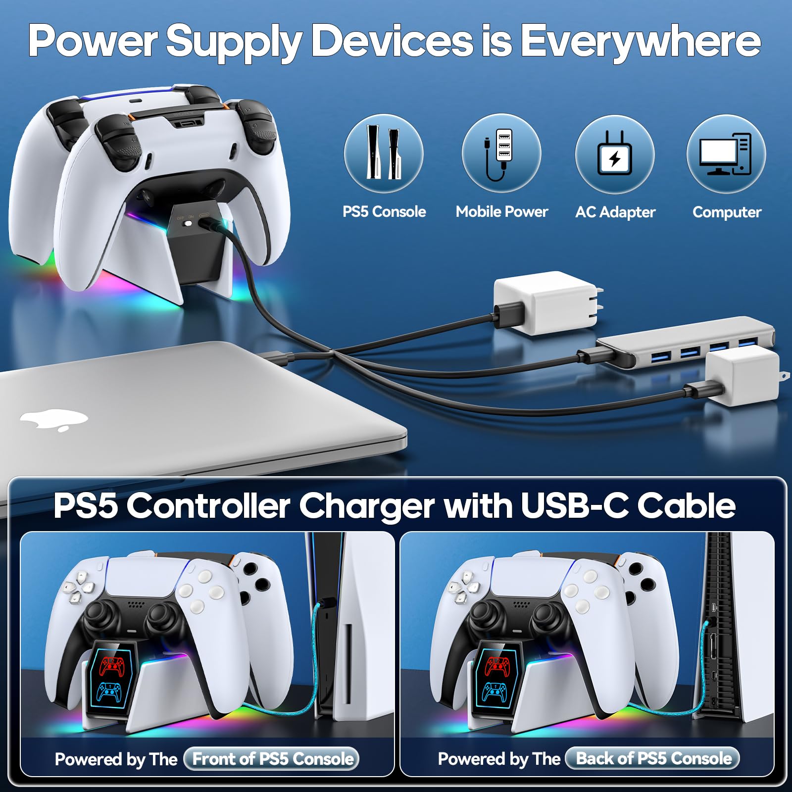 Tokluck PS5 controller charger station with LED indicators, white dock for PlayStation 5 Edge and DualSense controllers.