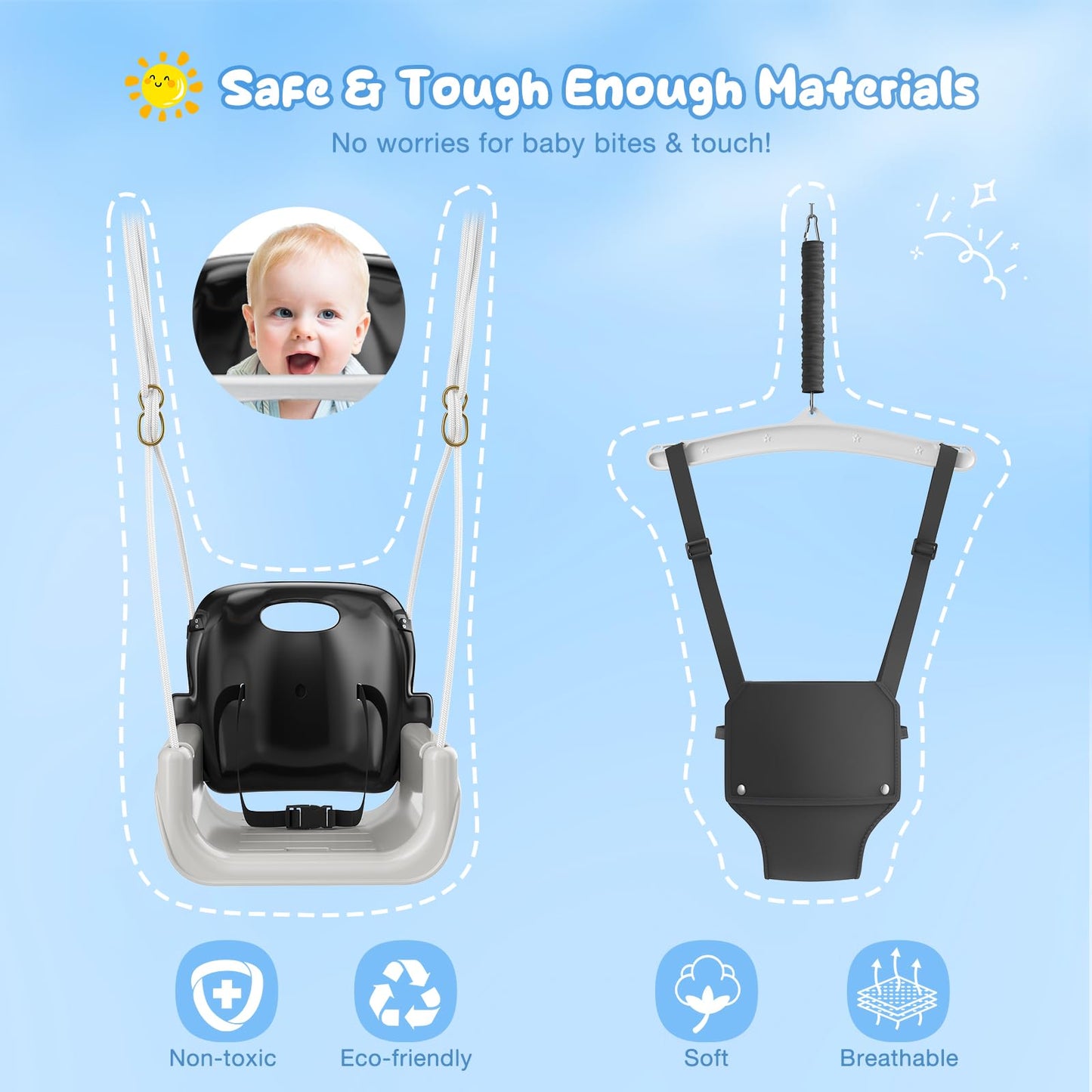 4 in 1 Toddler Swing Set, Kids Swing with Folding Metal Frame Stand, Safety Belt, for Baby In & Outdoor, Garden Playground Set, Swing Sets for backyard (Black)