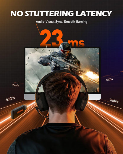 NUBWO wireless gaming headset with mic in orange, designed for PS5, PS4, PC, featuring all-day battery and 23ms sync for FPS gaming.