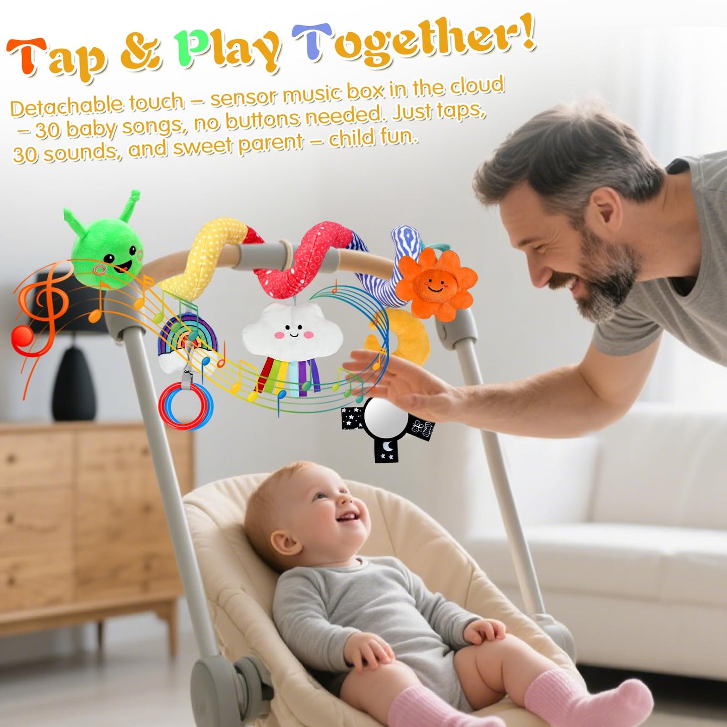 Plush Baby Crib Hanging Toy-Touch-Activated Music Box (30 Sounds), 0-12 Months Infant Sensory Toy w/Cloud/Sun/Rainbow/Moon/Mirror, Washable, Gift for Cribs/Strollers/Car Seats