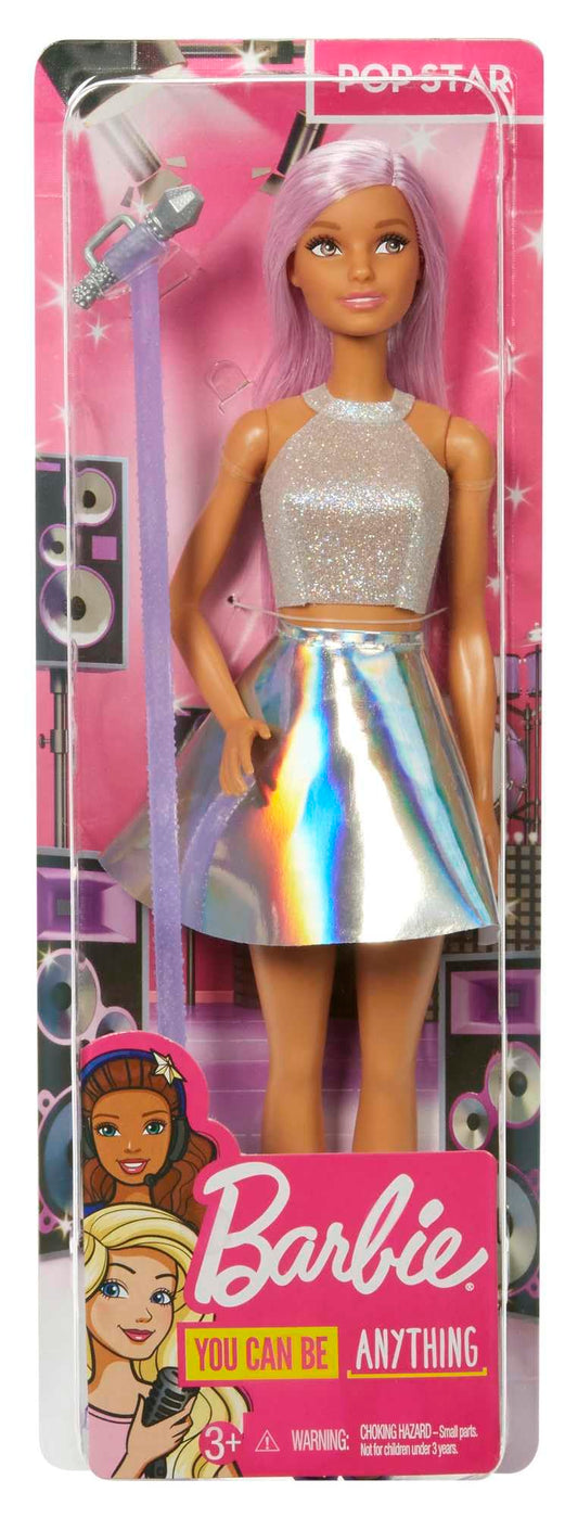 Barbie Pop Star Doll with pink hair, iridescent skirt, and microphone, ideal for kids aged 3 to 7 years.