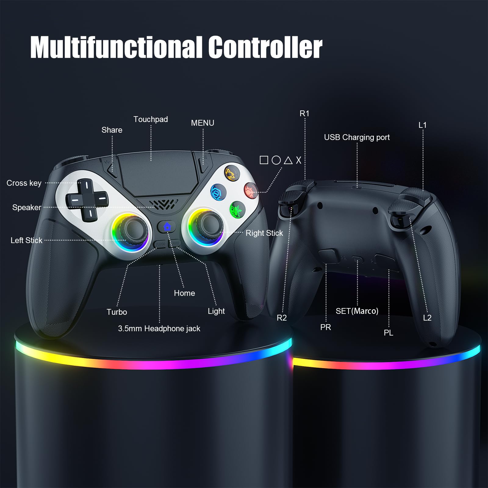 Dinosoo RGB wireless PS5 controller with back paddles, 6-axis motion, turbo, dual vibration, and 3.5mm audio jack for Slim/PC