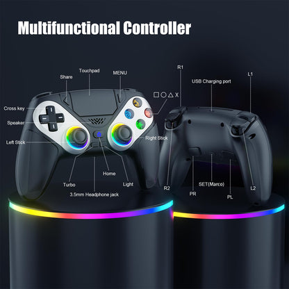 Dinosoo RGB wireless PS5 controller with back paddles, 6-axis motion, turbo, dual vibration, and 3.5mm audio jack for Slim/PC