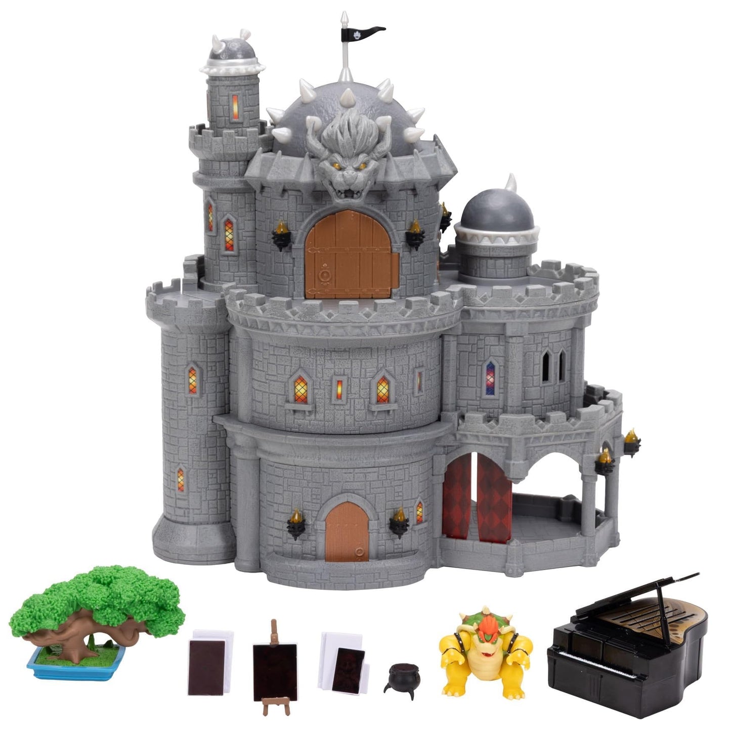 Super Mario Galaxy Movie Bowser Castle playset with mini articulated figure, character accessories, and heat-activated paintings.