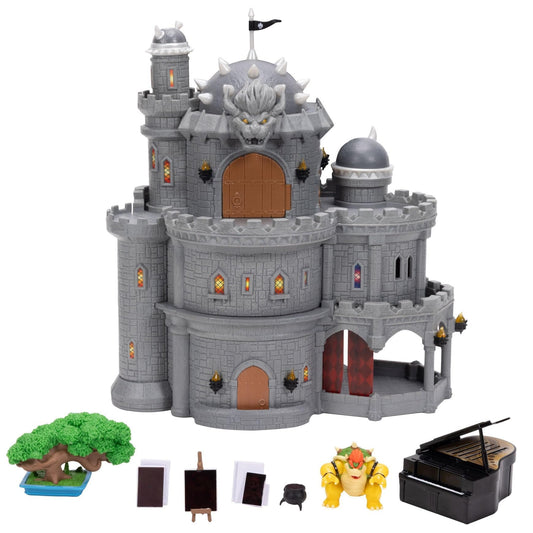 Super Mario Galaxy Movie Bowser Castle playset with mini articulated figure, character accessories, and heat-activated paintings.