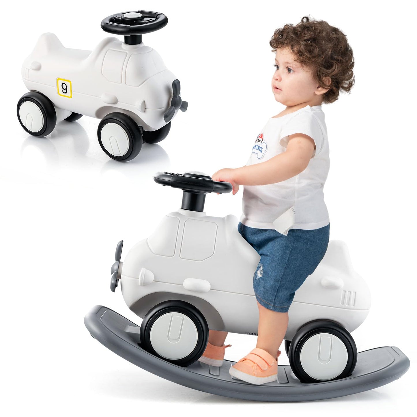 GYMAX Kids Rocking Horse, 3 in 1 Toddler Ride On Car with Detachable Balance Board, Foot to Floor Sliding Car Indoor Rocking Toy for 18-72 Months Boys Girls (White + Grey)