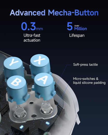 EasySMX S10 Switch controller with Bluetooth, RGB lighting, swappable D-pad, anti-drift joystick, 6-axis gyro, and mechanical buttons.