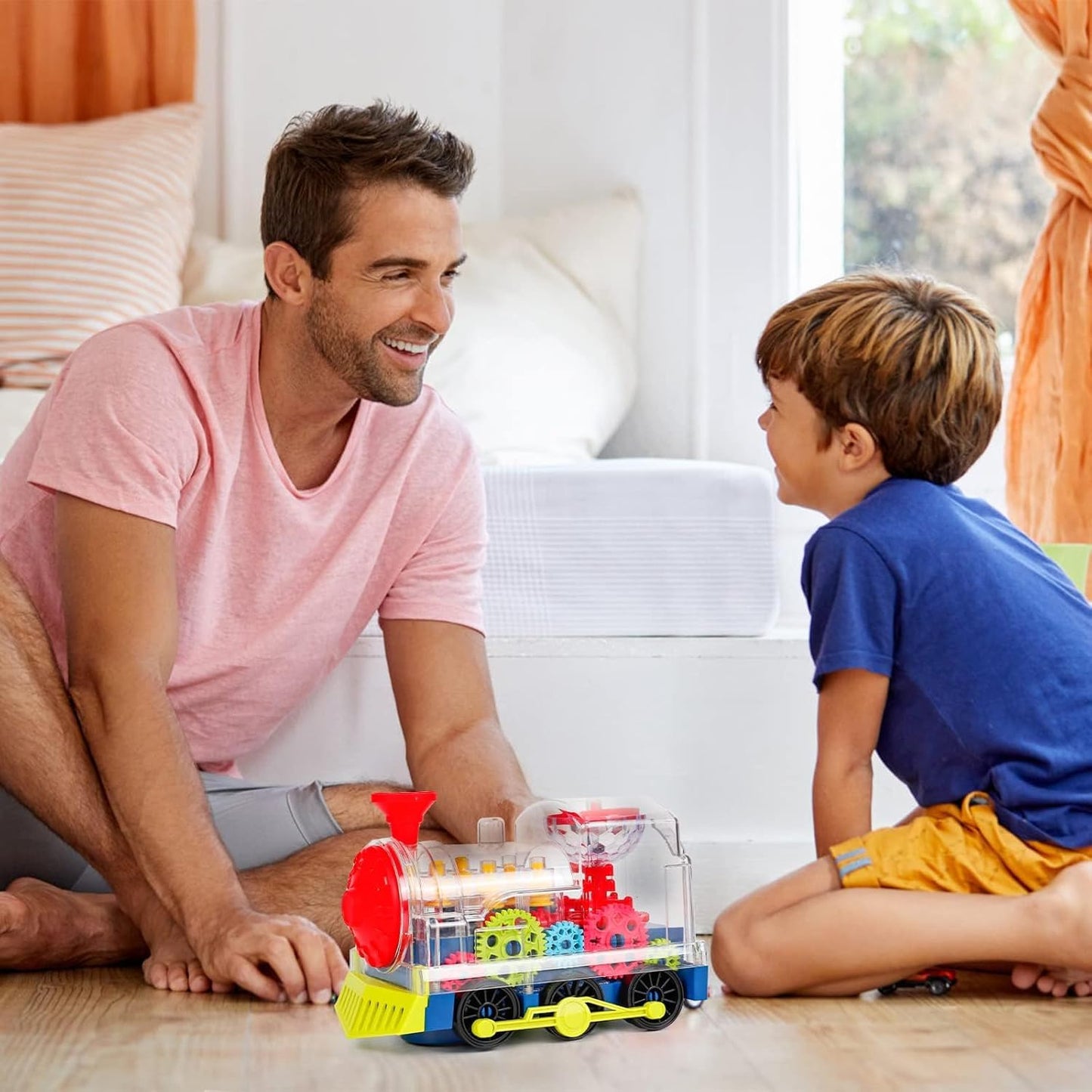 SWTOIPIG Gear Train Toy Light Up Music Electric Train Toy Transparent Rotating Mechanical Gear for Kids Educational Cartoon with Flashing Light Sound Music Locomotive