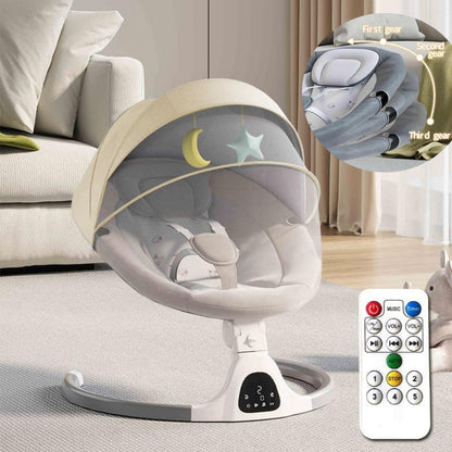 HoldOneLight beige electric baby swing with remote control, adjustable height, 5 speeds, 3 seat positions, and 12 lullabies.