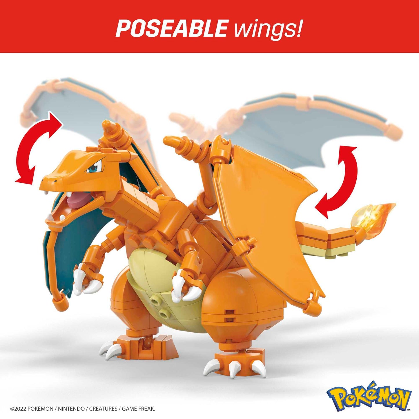 MEGA Pokémon Charizard action figure, 10 cm tall, 222-piece building toy with Poke Ball pin for kids and adults.