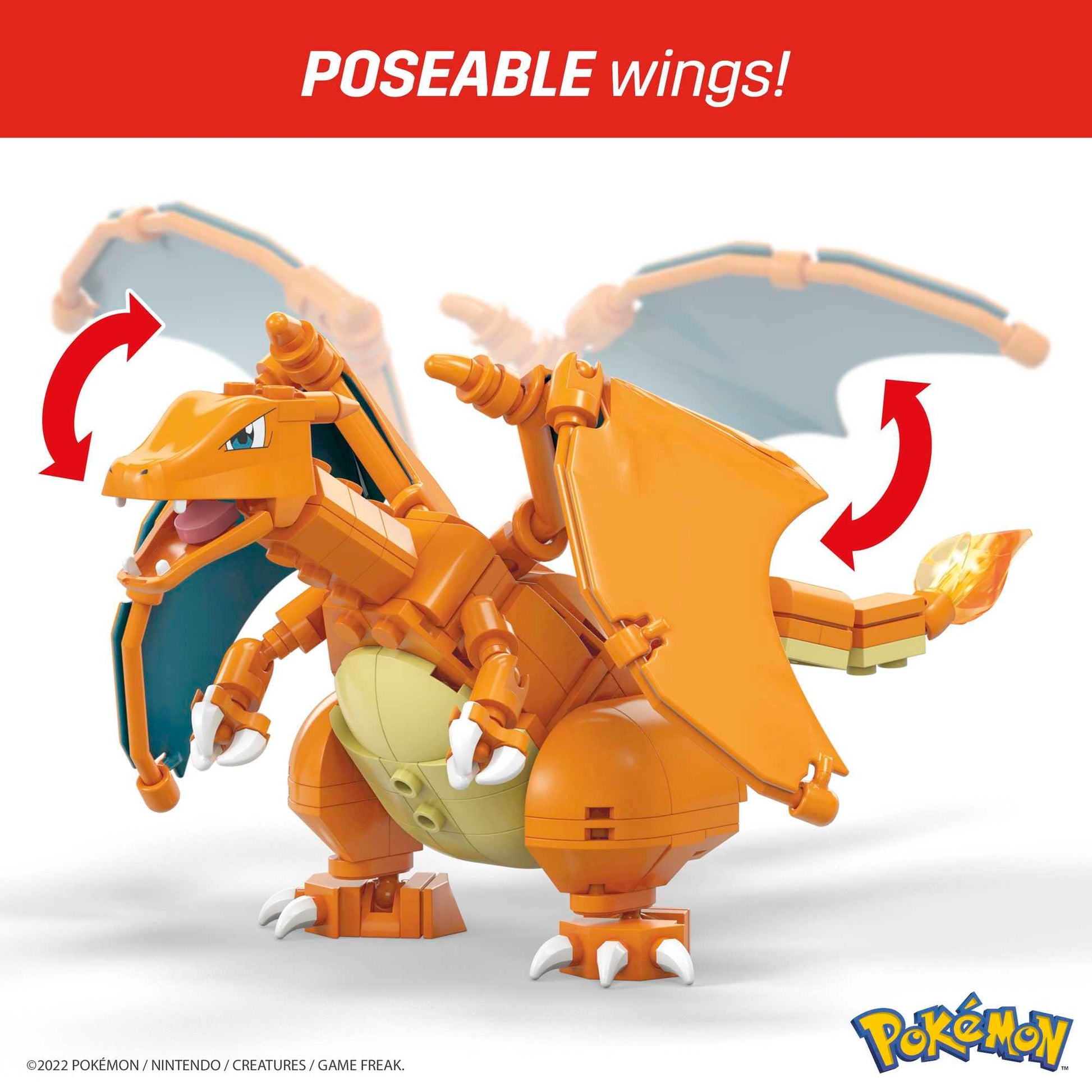 MEGA Pokémon Charizard action figure, 10 cm tall, 222-piece building toy with Poke Ball pin for kids and adults.