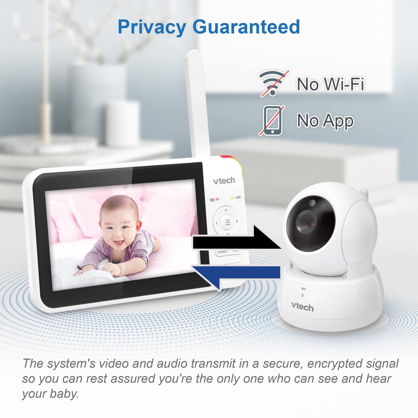 VTech VM924 video baby monitor with 5-inch LCD screen, pan and tilt camera, night vision, and two-way audio.