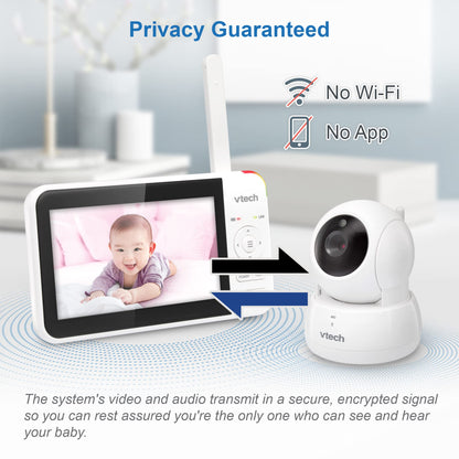 VTech VM924 video baby monitor with 5-inch LCD screen, pan and tilt camera, night vision, and two-way audio.