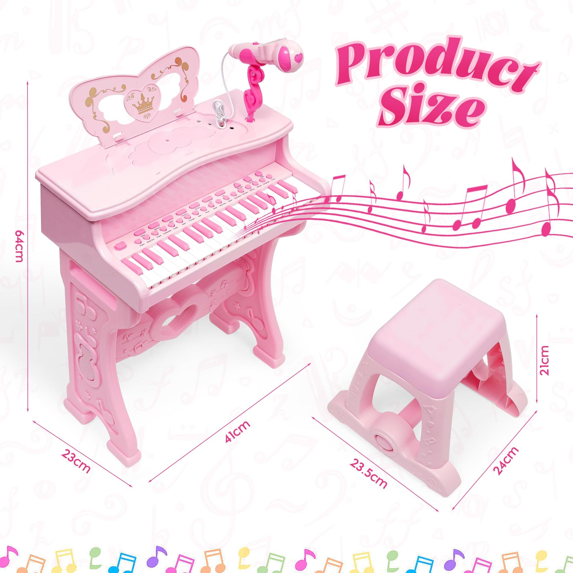 Kids pink 37-key mini piano keyboard by NUKied with detachable legs, stool, microphone, ideal for toddlers and young children.