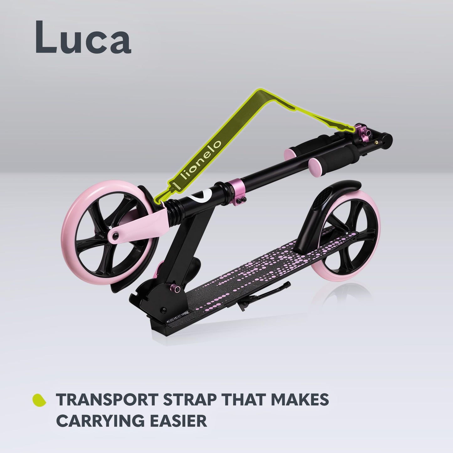 Lionelo Luca lightweight foldable scooter for kids and teens, featuring adjustable handlebars and non-slip platform.