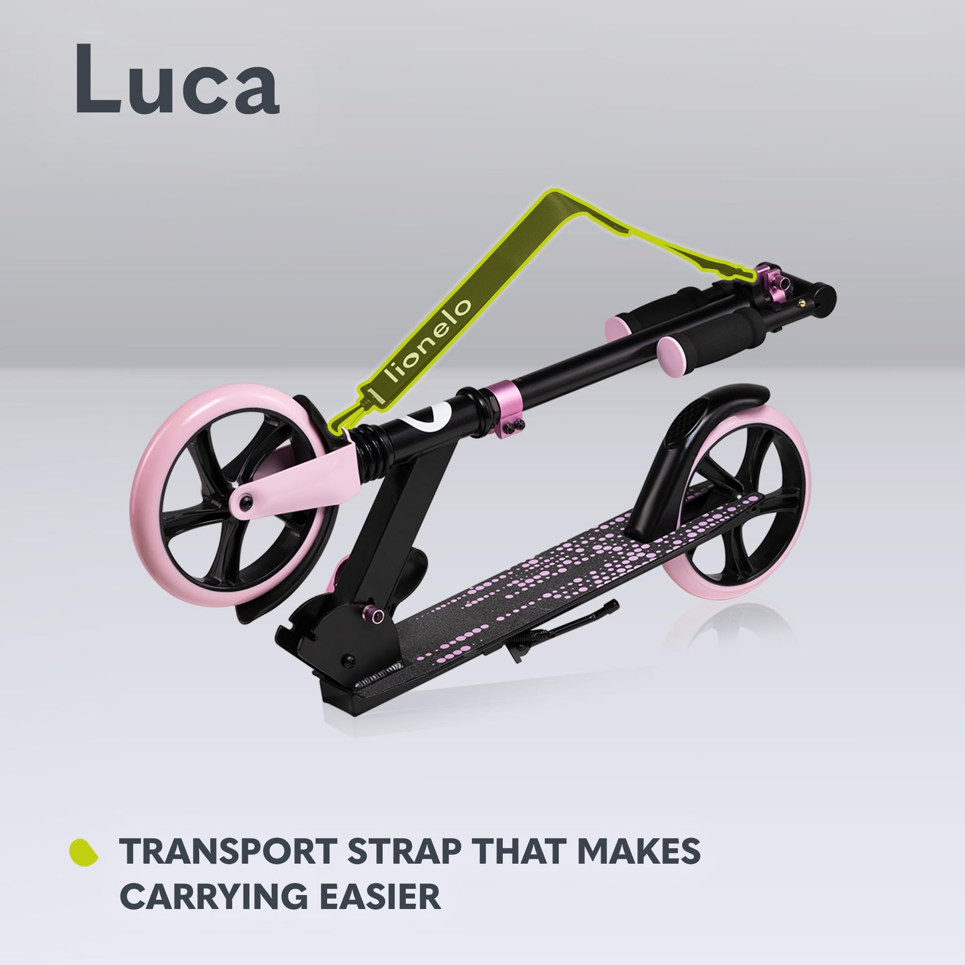 Lionelo Luca lightweight foldable scooter for kids and teens, featuring adjustable handlebars and non-slip platform.