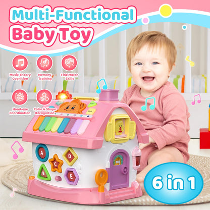 Toddler Toys for 1 2 Year Old Girls: Montessori Educational Toy for 1 Year Old, 6 in 1 Multi-Functional Activity House Baby Toys with Music/Clock/Telephone, Birthday Gifts for 1 2 Year Old Girls Kids