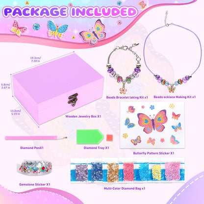 PinkSheep Wooden DIY Jewellery Box for Girl 6-12, Arts and Crafts Kits with Necklace Bracelet, Diamond Tape, Ddiamond Painting Box, DIY Pirate Treasure Chest Set for Kids (Purple Butterfly)