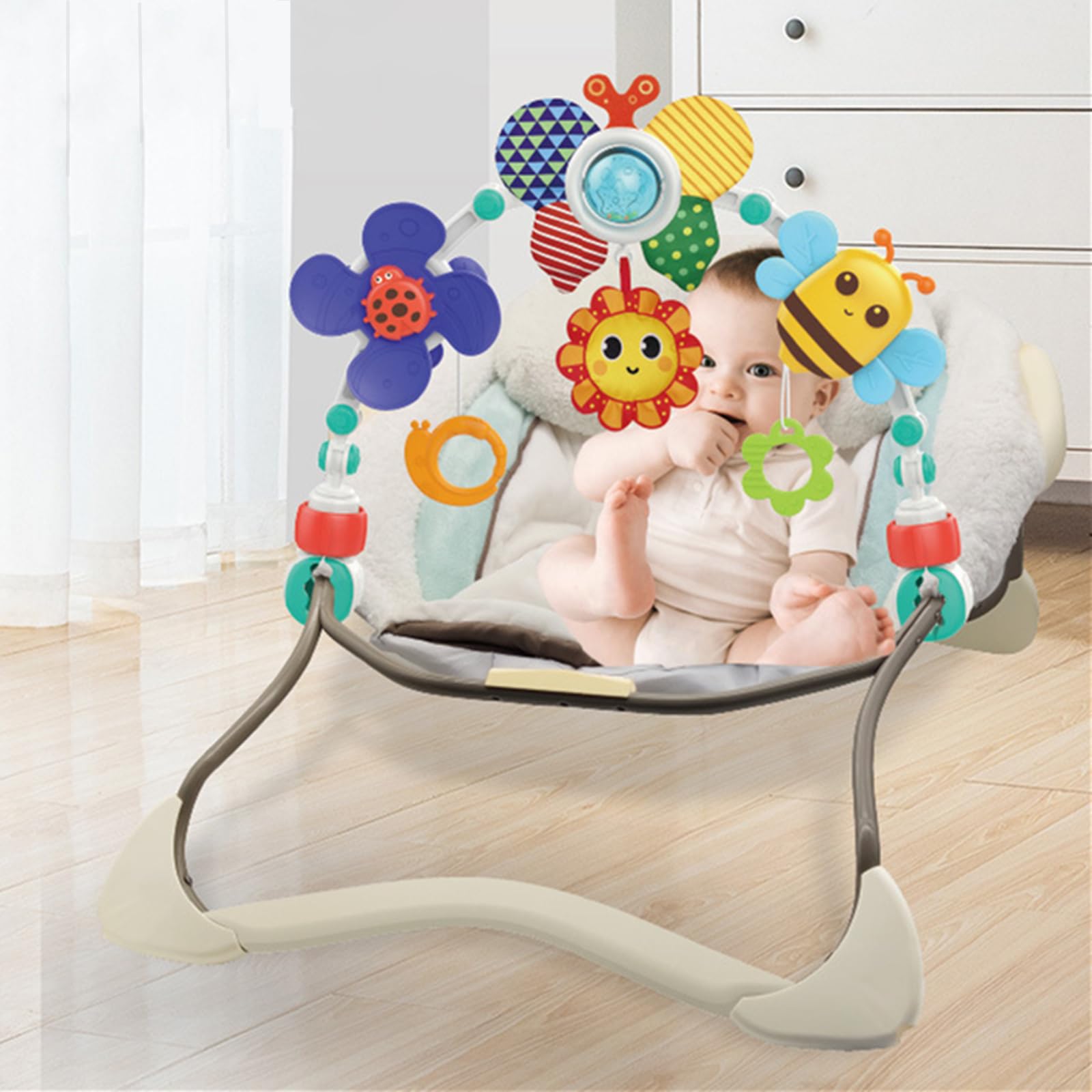 DQTYE baby stroll activity pram with foldable play arch and rattle toy for 6-12 months, ideal for travel and outdoor play.