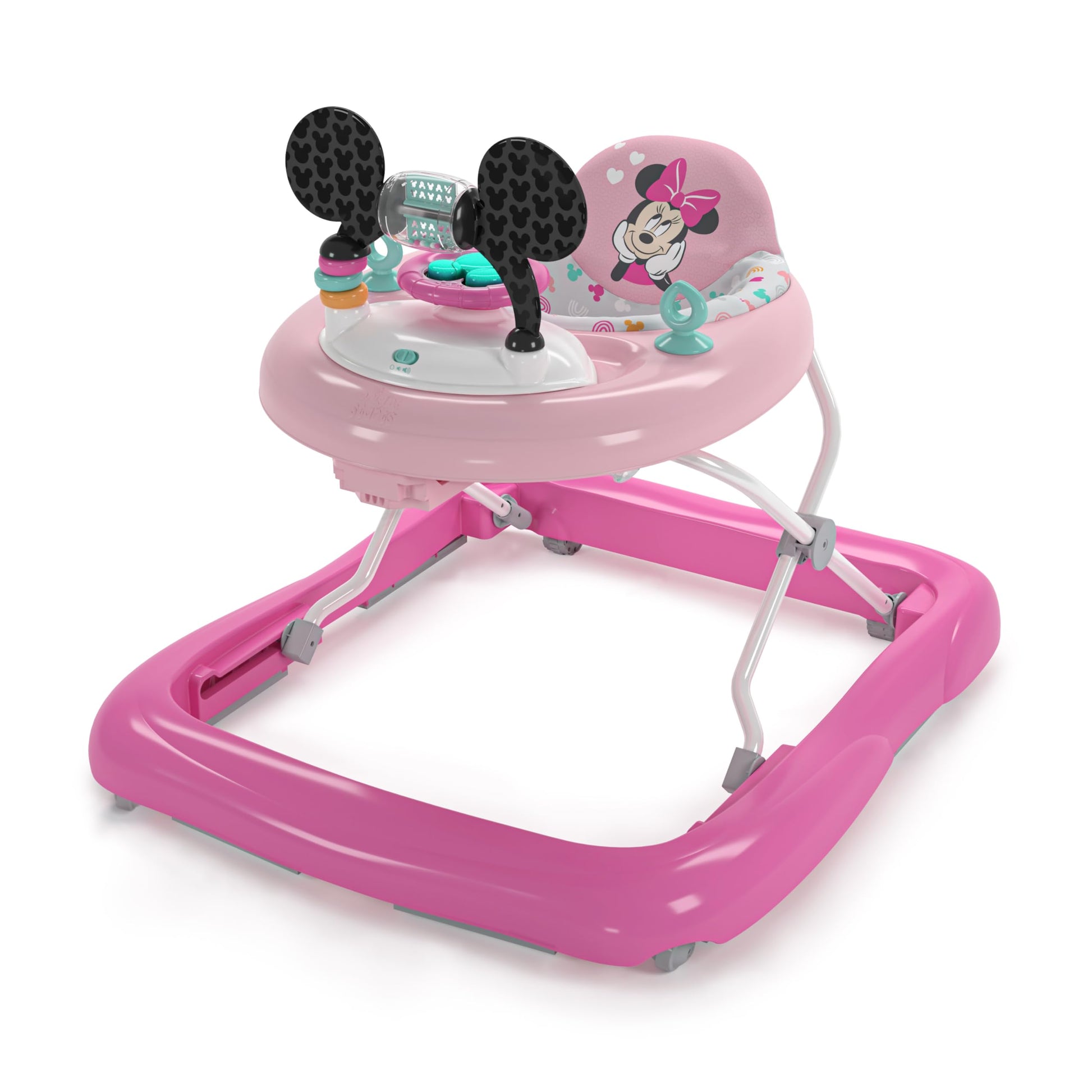Bright Starts Disney Baby Minnie Mouse Forever Besties 2-in-1 activity walker with toy station, lights, songs, and adjustable height.