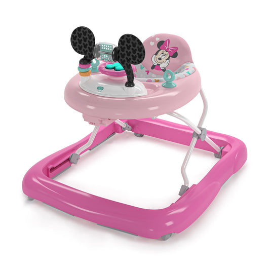 Bright Starts Disney Baby Minnie Mouse Forever Besties 2-in-1 activity walker with toy station, lights, songs, and adjustable height.
