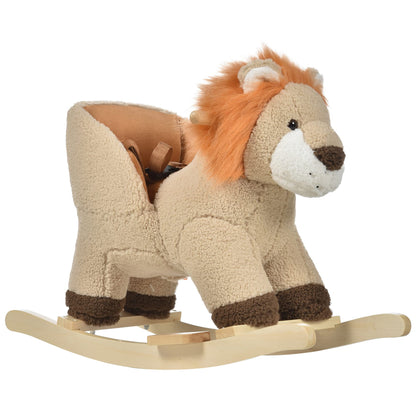 HOMCOM Baby Rocking Horse, Plush Ride on Lion Seat for Toddlers 18-36 Months with Sound, Safety Belt, Wood Base, Animal Rocker for Children, Brown