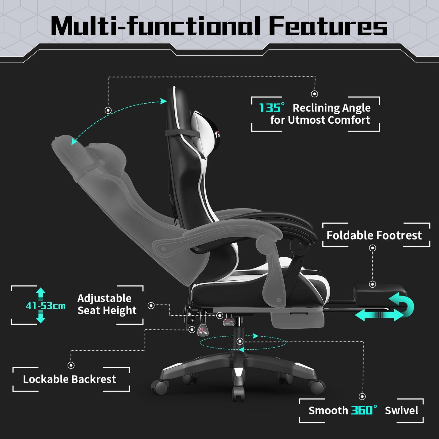 Vfalcon XTREME gaming chair in white with ergonomic design, reclining feature, footrest, 360° swivel, and adjustable height.