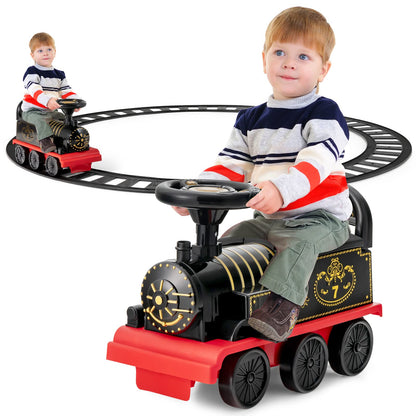 COSTWAY kids electric ride-on train in black with flashing lights, music, tracks, and storage seat for toddlers.