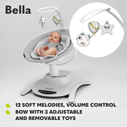 Lionelo Bella electric baby bouncer with 360° seat, adjustable backrest, safety harness, remote control, and multiple swing modes.