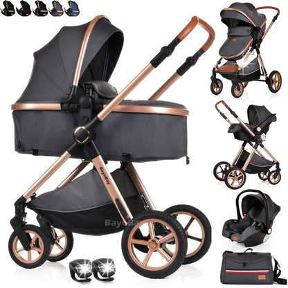 BayoBay 3-in-1 baby buggy pram stroller with car seat and carrycot in grey gold, lightweight, foldable travel system for newborns.