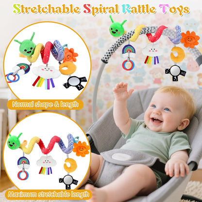 Plush Baby Crib Hanging Toy-Touch-Activated Music Box (30 Sounds), 0-12 Months Infant Sensory Toy w/Cloud/Sun/Rainbow/Moon/Mirror, Washable, Gift for Cribs/Strollers/Car Seats