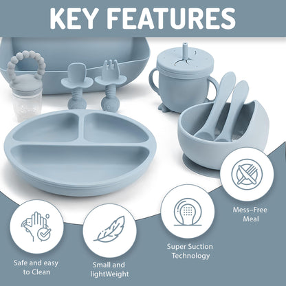 Indique Baby Weaning Set - 11 Pcs Silicone Baby Feeding Set with Suction Plate, Weaning Kit with Adjustable Bib, Fork, Spoon, Fruit Feeder & Toothbrush – Ideal Weaning Set Gift (Blue)