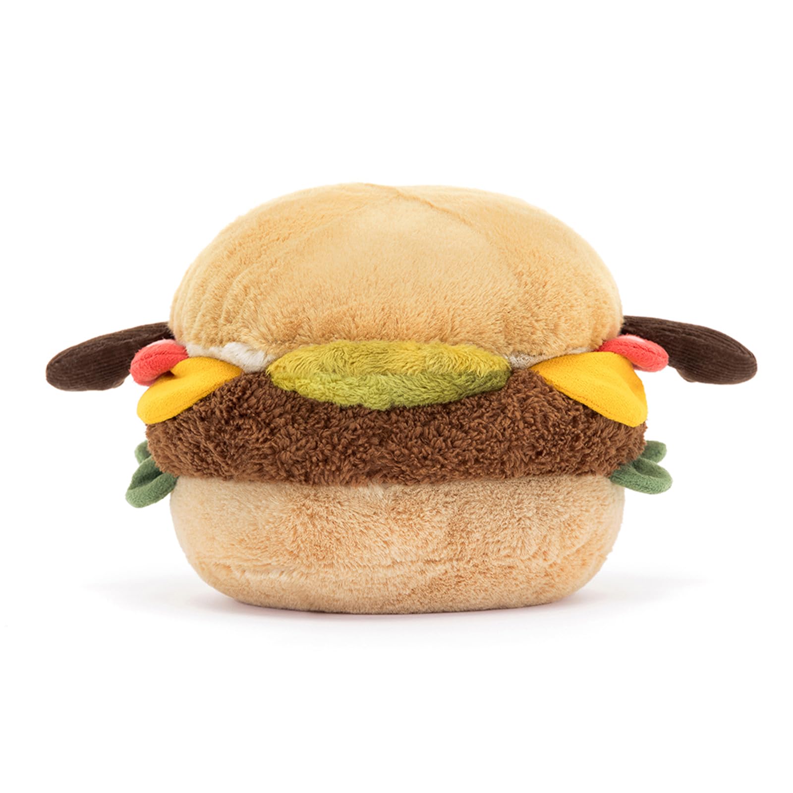Jellycat Amuseable Burger plush toy, 11 cm, featuring a smiling face and soft, colorful toppings.