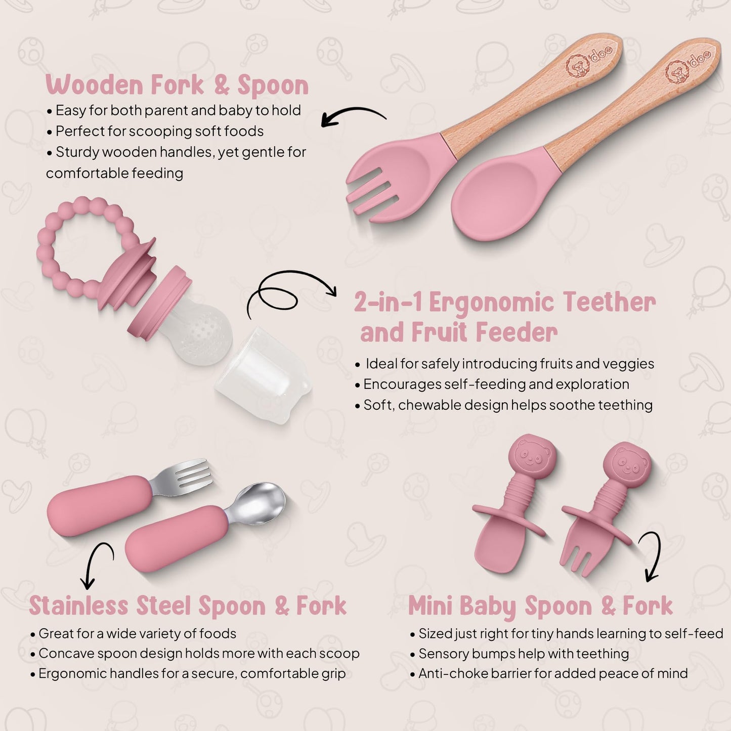 O'doe 17-Piece Baby Weaning Set | Led Weaning Supplies for Toddlers | Silicone Feeding Set BPA-Free, Bowl, Self-Eating Utensils, Spoons, Bibs, Sippy Cup, Food Plate Kit With Lid | Pink V2